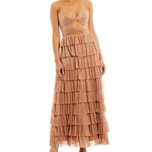 Gianni Bini Grace Metallic Sweetheart Neck Cut-Out Tiered Dress in Gold Leaf